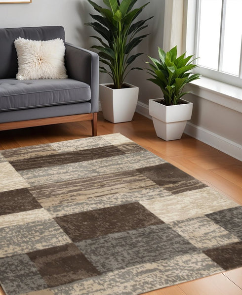 12' Beige Slate Gray And Brown Patchwork Runner Rug